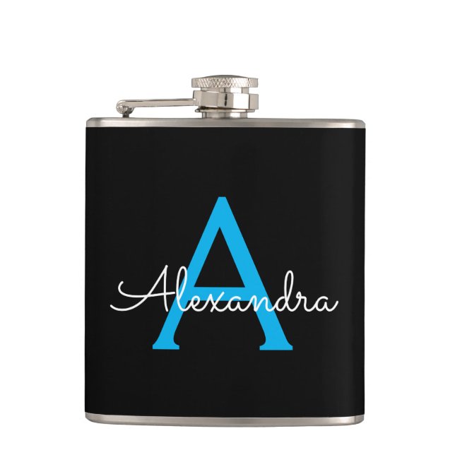 Blue Black Script Girly Monogram Name Hip Flask (Front)