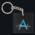 Blue Black Script Girly Monogram Name Key Ring<br><div class="desc">Black and Blue Simple Script Monogram Name Keychain. This makes the perfect sweet 16 birthday,  wedding,  bridal shower,  anniversary,  baby shower or bachelorette party gift for someone that loves glam luxury and chic styles.</div>