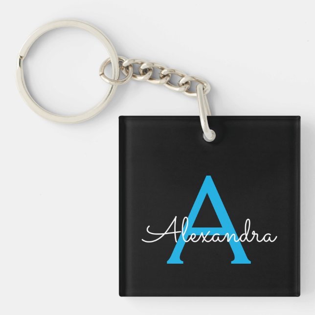 Blue Black Script Girly Monogram Name Key Ring (Front)