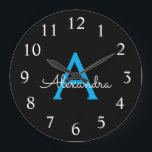 Blue Black Script Girly Monogram Name Large Clock<br><div class="desc">Blue and Black Simple Script Monogram Name Clock. This makes the perfect sweet 16 birthday,  wedding,  bridal shower,  anniversary,  baby shower or bachelorette party gift for someone that loves glam luxury and chic styles.</div>