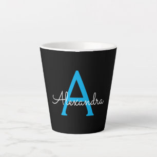 Blue Black Script Girly Monogram Name Latte Mug