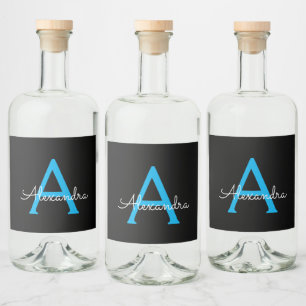 Blue Black Script Girly Monogram Name Liquor Bottle Label