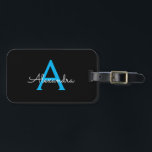 Blue Black Script Girly Monogram Name Luggage Tag<br><div class="desc">Black and Blue Monogram Add your own Name Script Luggage Bag Tag The bag tag makes the perfect sweet 16 birthday,  wedding,  bridal shower,  baby shower or bachelorette party gift for someone decorating her room in style.</div>