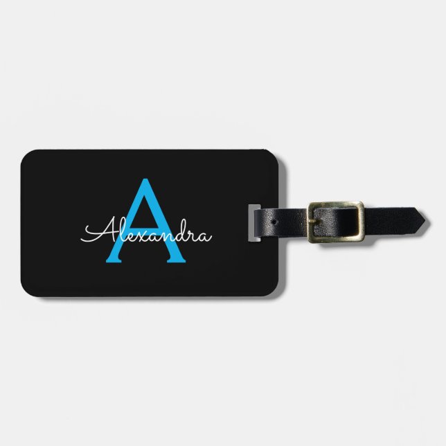 Blue Black Script Girly Monogram Name Luggage Tag (Front Horizontal)