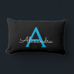 Blue Black Script Girly Monogram Name Lumbar Cushion<br><div class="desc">Blue and Black Monogram Add Your Own Name Lumbar Pillow. This makes the perfect sweet 16 birthday,  wedding,  bridal shower,  anniversary,  baby shower or bachelorette party gift for someone that loves glam luxury and chic styles.</div>