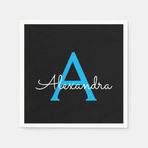 Blue Black Script Girly Monogram Name Napkin