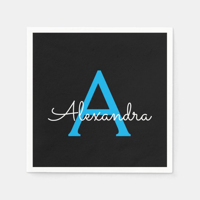 Blue Black Script Girly Monogram Name Napkin (Front)