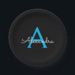 Blue Black Script Girly Monogram Name Paper Plate<br><div class="desc">Blue and Black Monogram Add Your Own Name Script Party Plates. This makes the perfect sweet 16 birthday,  wedding,  bridal shower,  anniversary,  baby shower or bachelorette party gift for someone that loves glam luxury and chic styles.</div>