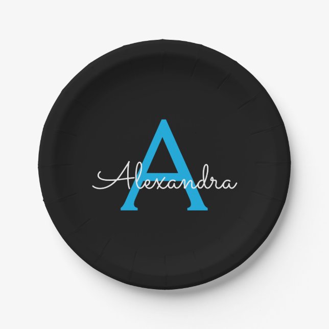 Blue Black Script Girly Monogram Name Paper Plate (Front)