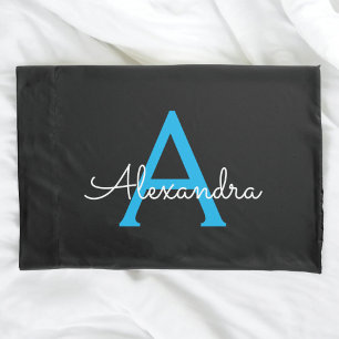 Blue Black Script Girly Monogram Name Pillowcase