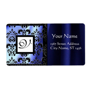 BLUE BLACK SILK DAMASK, SQUARE MONOGRAM