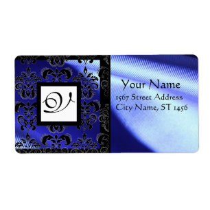 BLUE BLACK SILK DAMASK, SQUARE MONOGRAM