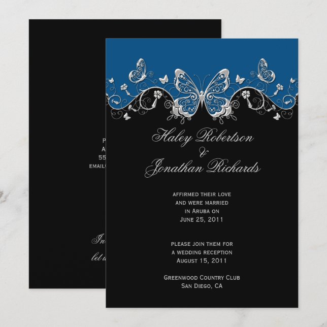 Blue Black Silver Butterflies Post Wedding Invitation (Front/Back)