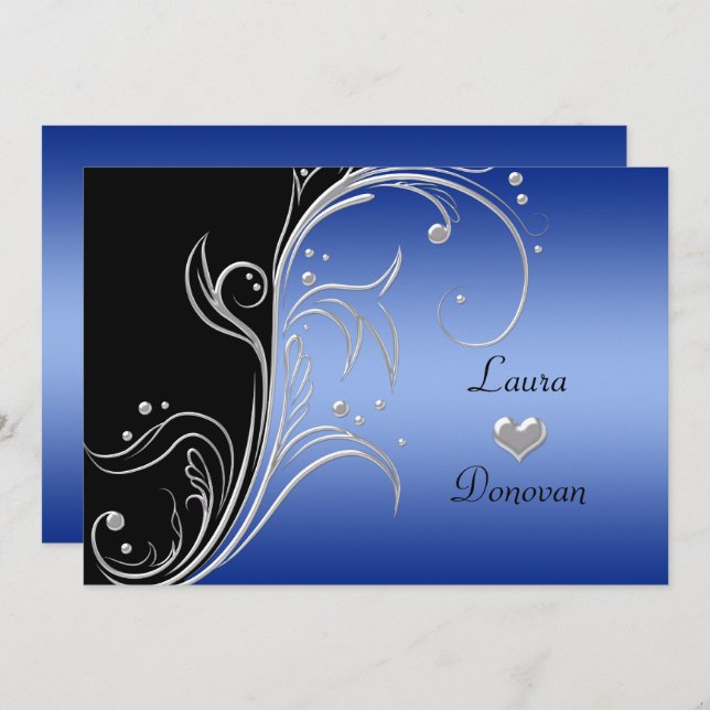 Blue Black Silver Floral Swirls Reception Only Invitation (Front/Back)