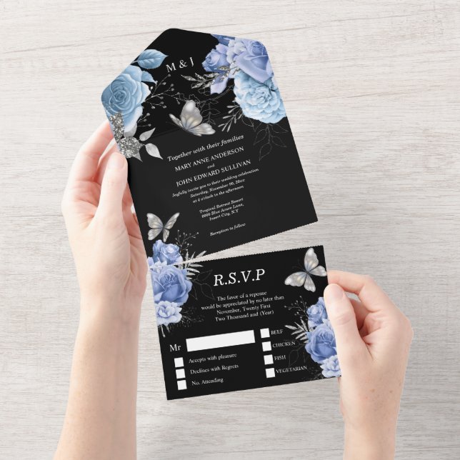 Blue black silver glam butterfly rose floral chic all in one invitation (Tearaway)