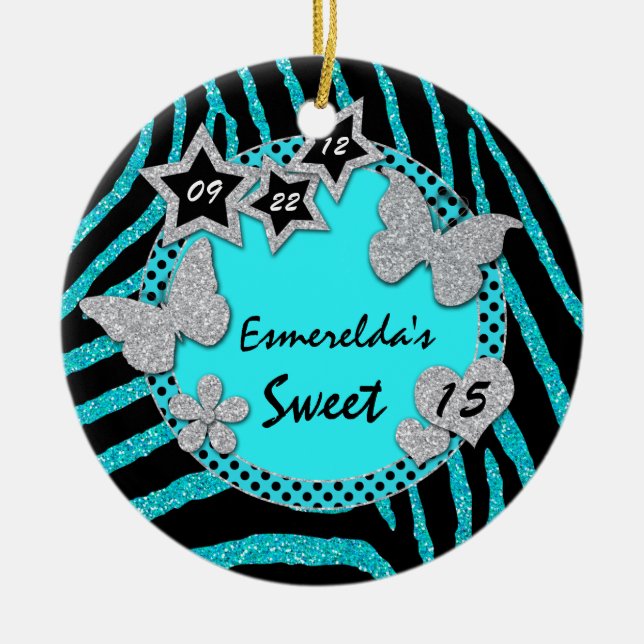 Blue Black Silver Zebra Sweet 15 Photo Ornament (Front)