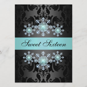 Blue & Black Snowflake Sweet16 Birthday Invite