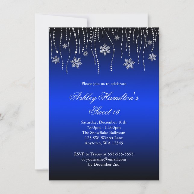 Blue Black Snowflakes Sweet 16 Winter Wonderland Invitation (Front)
