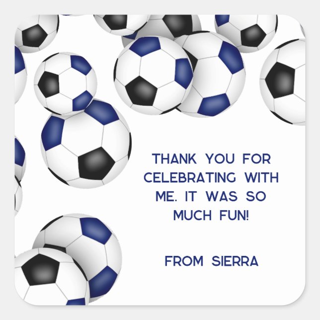 blue black soccer balls girls boys birthday party square sticker (Front)