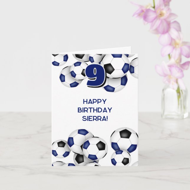 blue black soccer balls kids birthday card (Orchid)