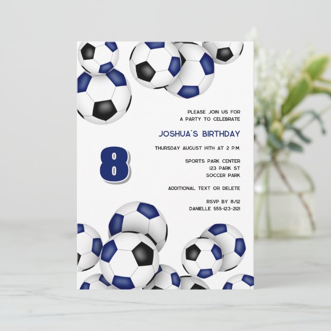 blue black soccer balls kids birthday party invitation (Standing Front)