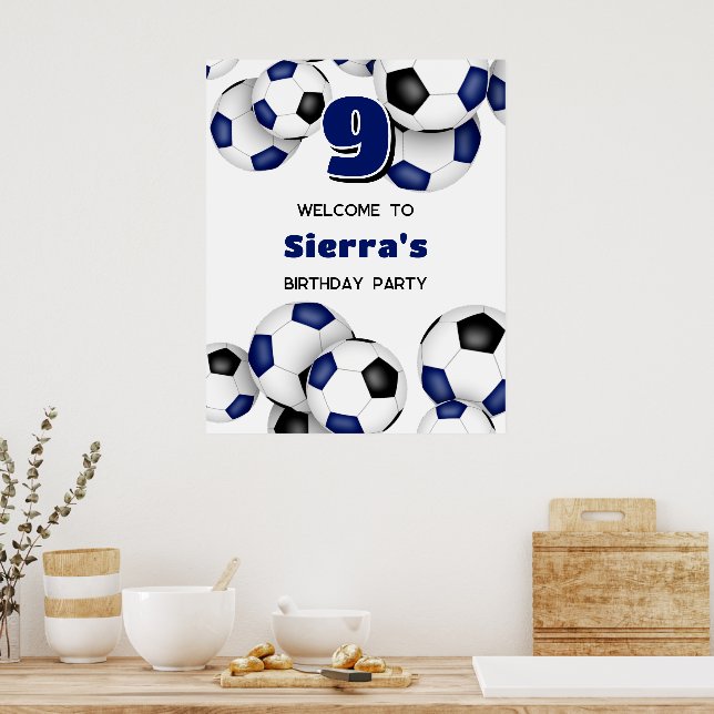 blue black soccer balls kids birthday party poster (Kitchen)