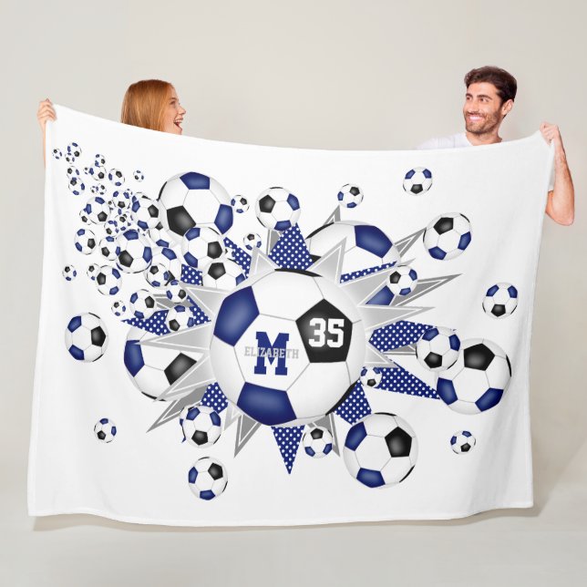 blue black soccer balls stars girls name fleece blanket (In Situ)