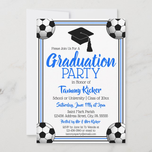 Blue & Black Soccer Graduation Party Invitation (Front)