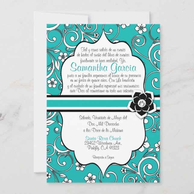 Blue & Black Spanish Quinceañera Invitation (Front)