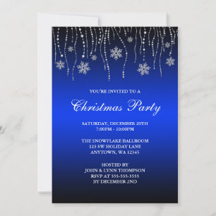 Blue Black Sparkle Snowflakes Christmas Party Invitation