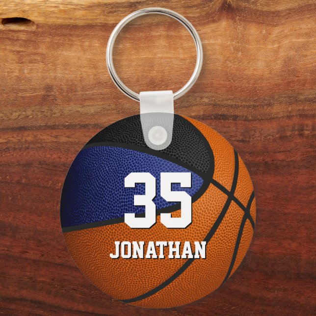 blue black sports team colours boys basketball key ring (Front)