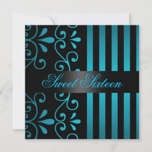 Blue/Black Stripe & Swirl Sweet 16 Invitation