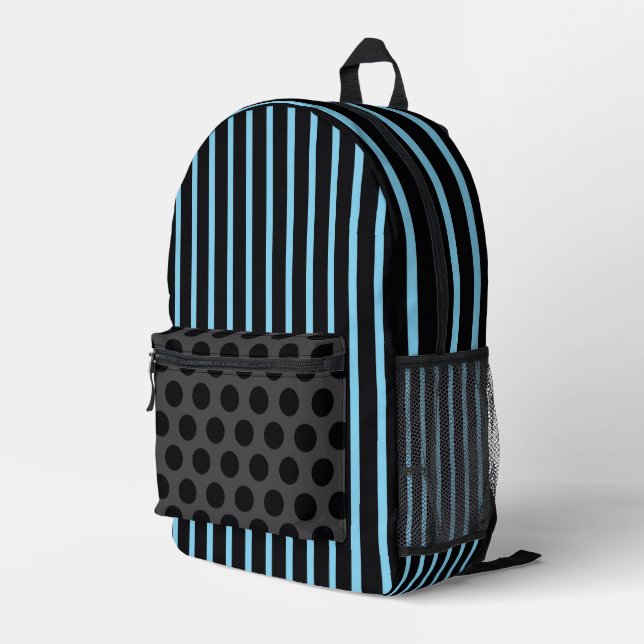 BLUE & BLACK STRIPES AND BLACK POLKA DOTS PRINTED BACKPACK (Back Corner Right)