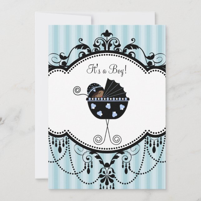 Blue Black Stripes Baby Boy Shower Invitations (Front)