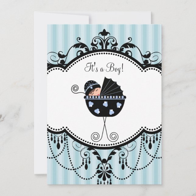 Blue Black Stripes Baby Boy Shower Invitations (Front)