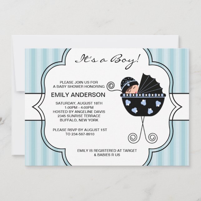 Blue Black Stripes Baby Boy Shower Invitations (Front)