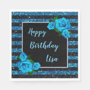 Blue Black Stripes Glitter Blue Roses Birthday Napkin