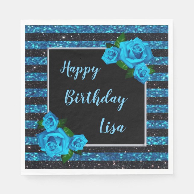 Blue Black Stripes Glitter Blue Roses Birthday Napkin (Front)