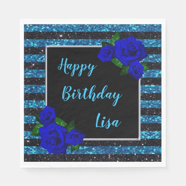 Blue Black Stripes Glitter Deep Blue Rose Birthday Napkin (Front)
