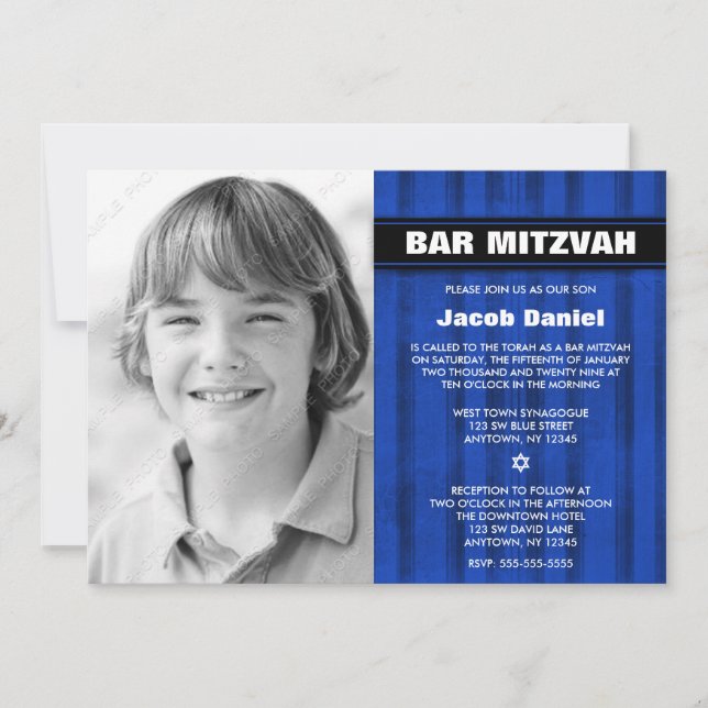 Blue Black Stripes Photo Bar Mitzvah Invitations (Front)