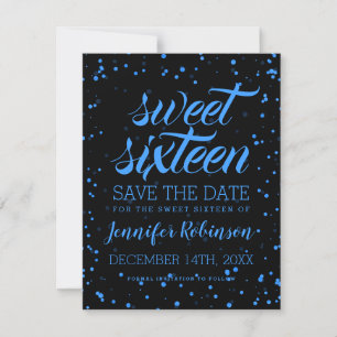 Blue Black Sweet 16 Birthday Save Date Confetti Save The Date