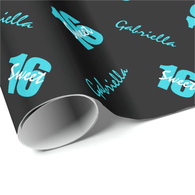Blue Black Sweet 16 Personalised Wrapping Paper (Roll Corner)