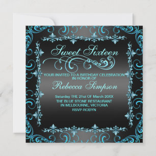 Blue/Black Sweet Sixteen Swirl Birthday Invite