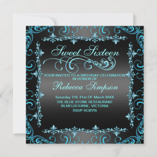 Blue/Black Sweet Sixteen Swirl Birthday Invite