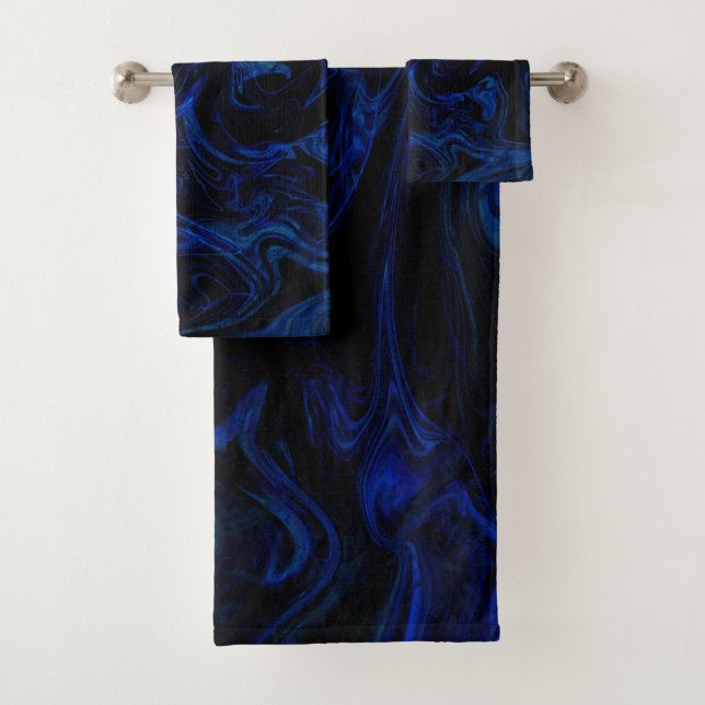 Blue Black Swirl Abstract Smoky Cool Bath Towel Set (Insitu)