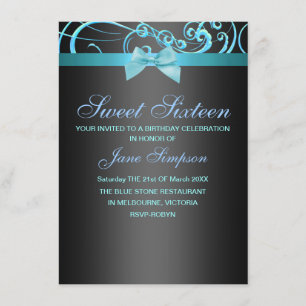 Blue/Black Swirl & Bow Sweet 16 Birthday Invite