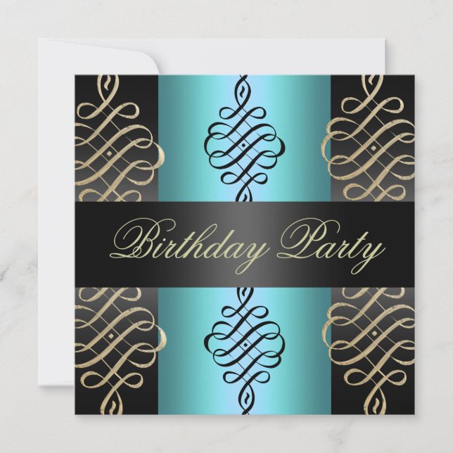 Blue/Black Swirl Elegant Design Birthday Invite (Front)