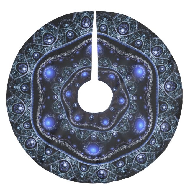 Blue Black Teal Shining Lace Boho Fractal Mandala Brushed Polyester Tree Skirt (Front)