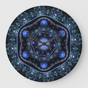 Blue Black Teal Shining Lace Boho Fractal Mandala Large Clock