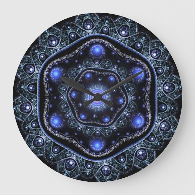 Blue Black Teal Shining Lace Boho Fractal Mandala Large Clock (Front)